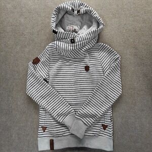 NAKETANO Womens M Gray Navy Stripe Pullover Hoodie Sweatshirt Coastal NEW - READ